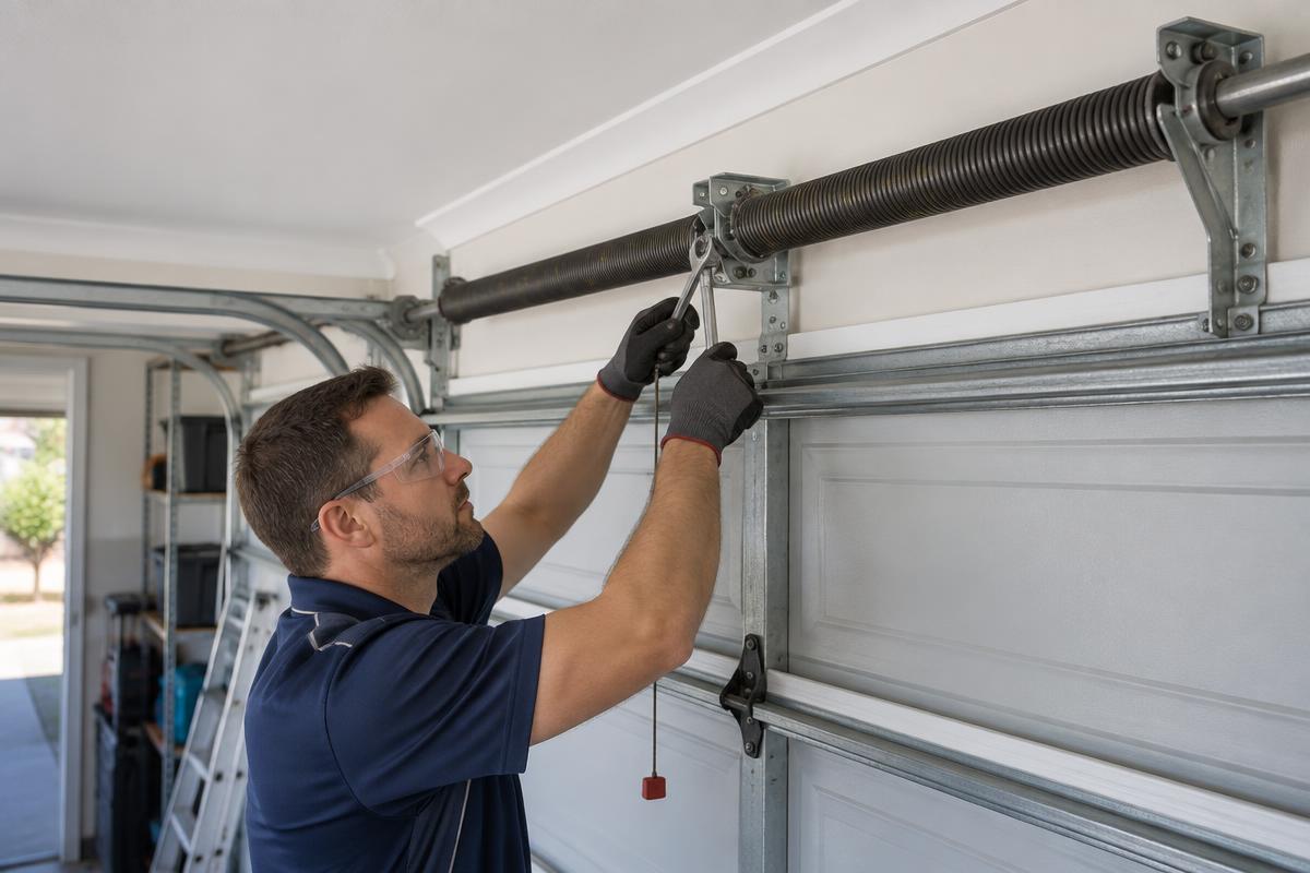 Technician inspecting a garage door spring above a sectional garage door