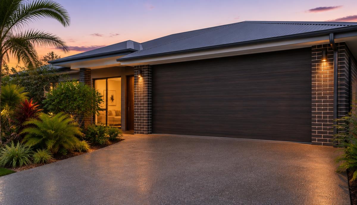 Modern sectional garage door on a contemporary Brisbane home at dusk