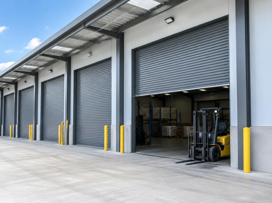 Industrial rolling steel doors at a warehouse loading dock