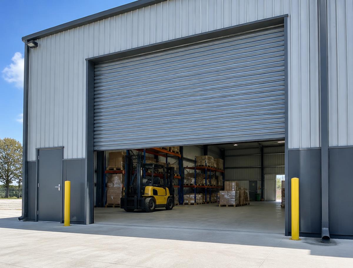 Large commercial roller door half open on a Brisbane warehouse with a forklift inside
