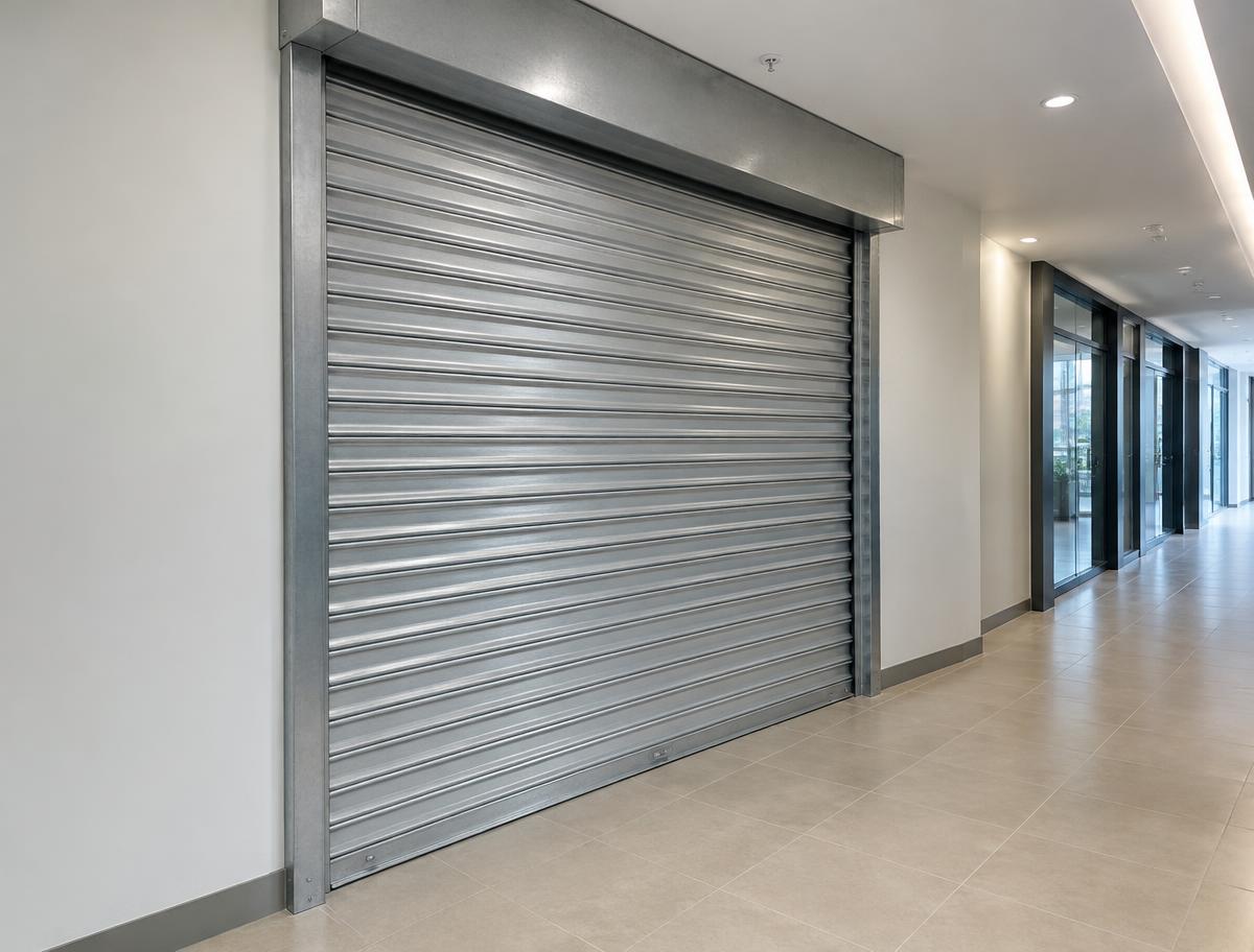 Steel fire shutter door installed in a commercial building corridor