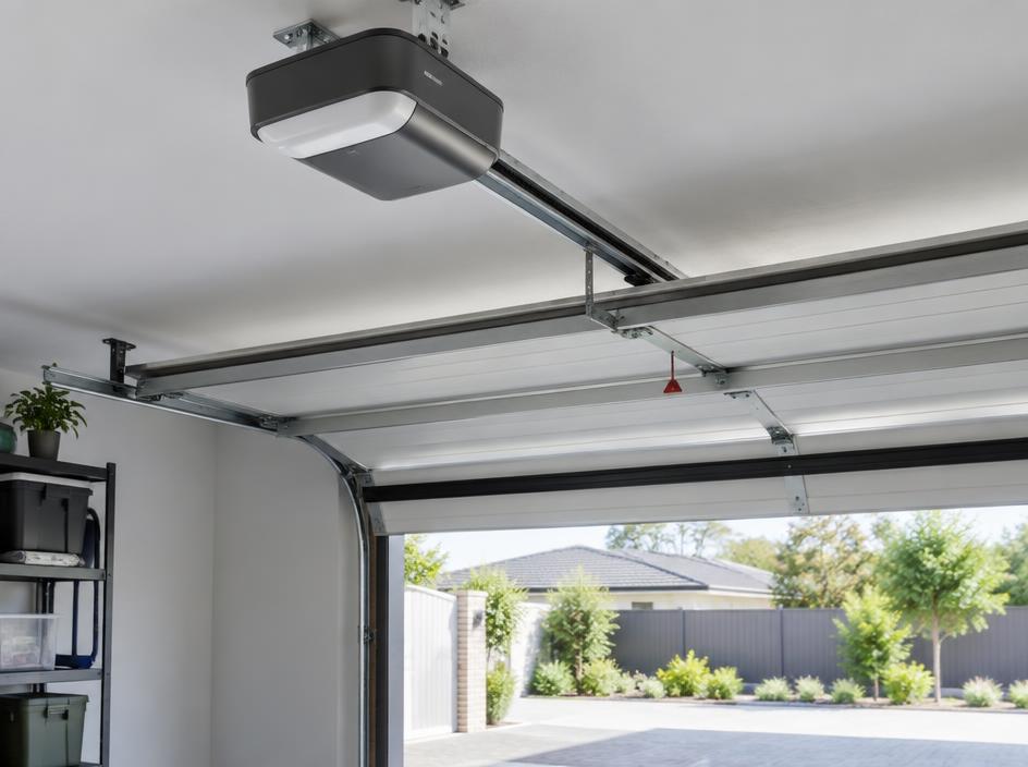 Ceiling-mounted garage door motor opener in a tidy residential garage