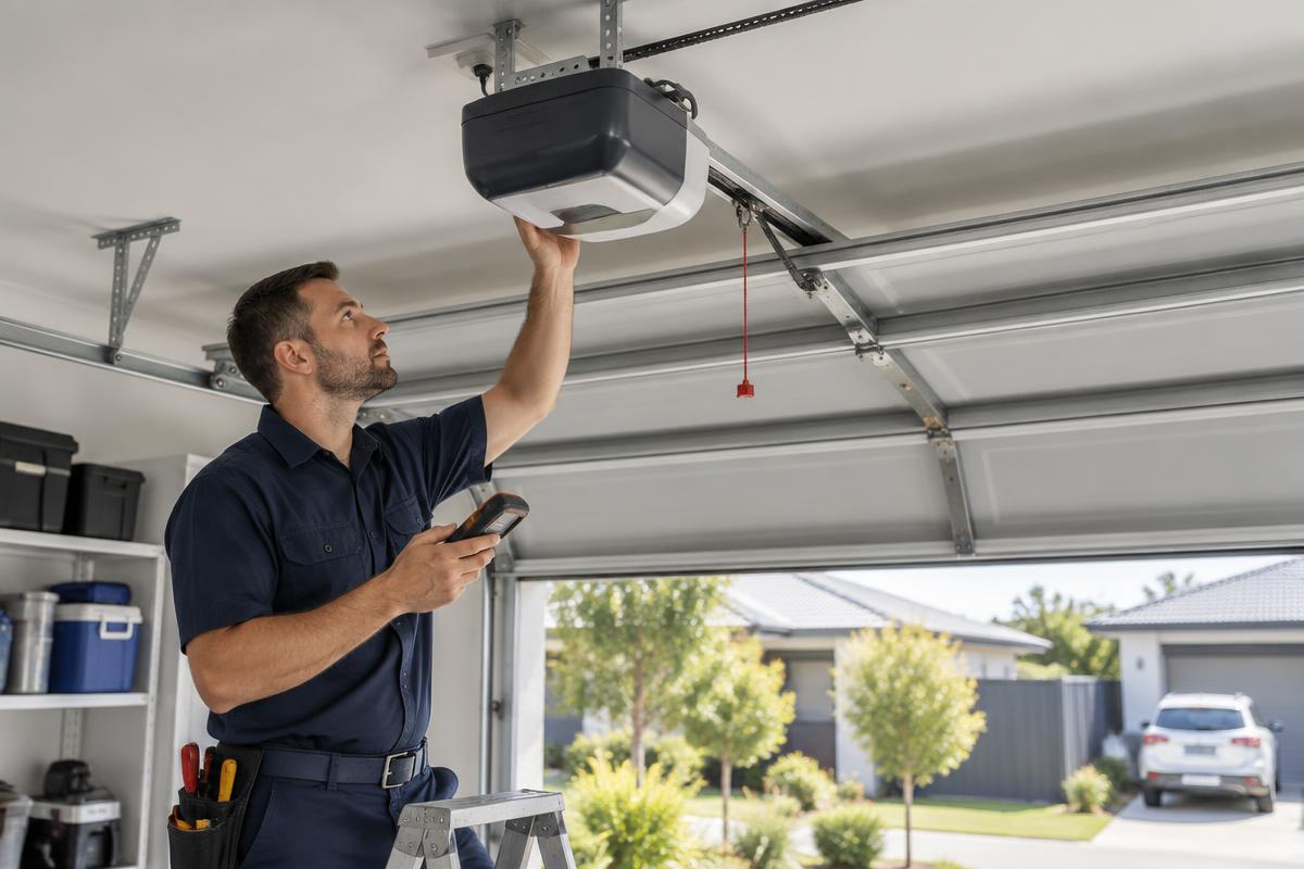 Garage door technician inspecting a ceiling-mounted garage door opener motor