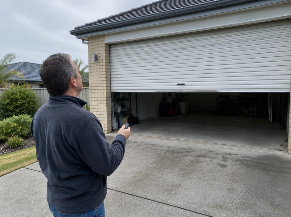 Homeowner with a remote looking at a garage door stuck halfway open