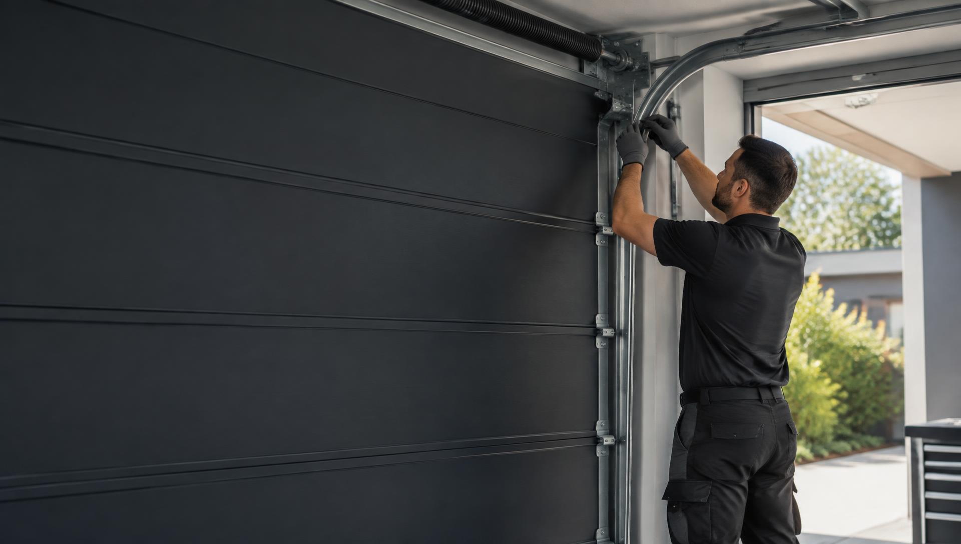 Garage door technician inspecting door hardware