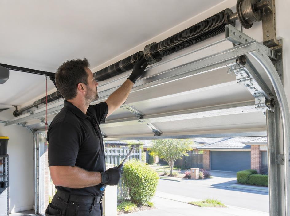 Technician inspecting garage door torsion springs and tracks