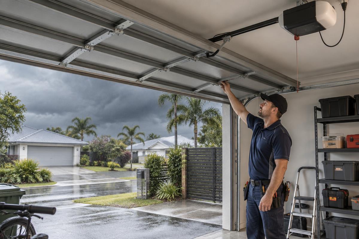 Garage door technician inspecting a residential garage door before Brisbane storm season