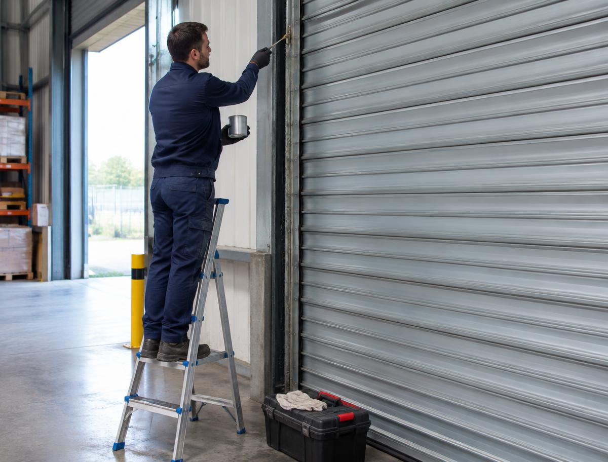 Technician servicing the guide tracks of an industrial roller shutter door in a warehouse