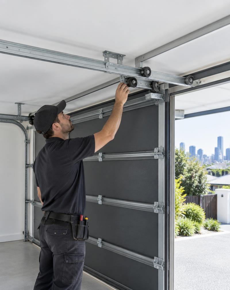 Technician inspecting the overhead track of a sectional garage door