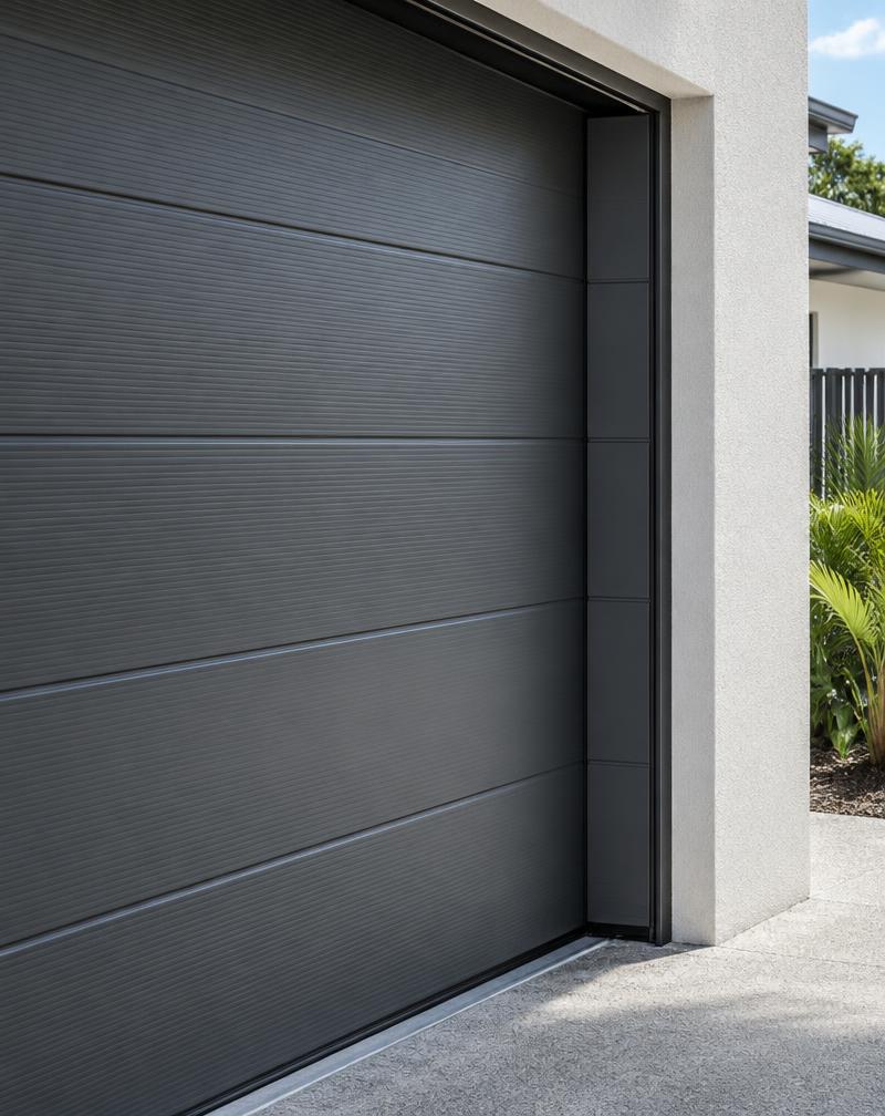 Close-up of a charcoal sectional garage door showing its panel profile and finish