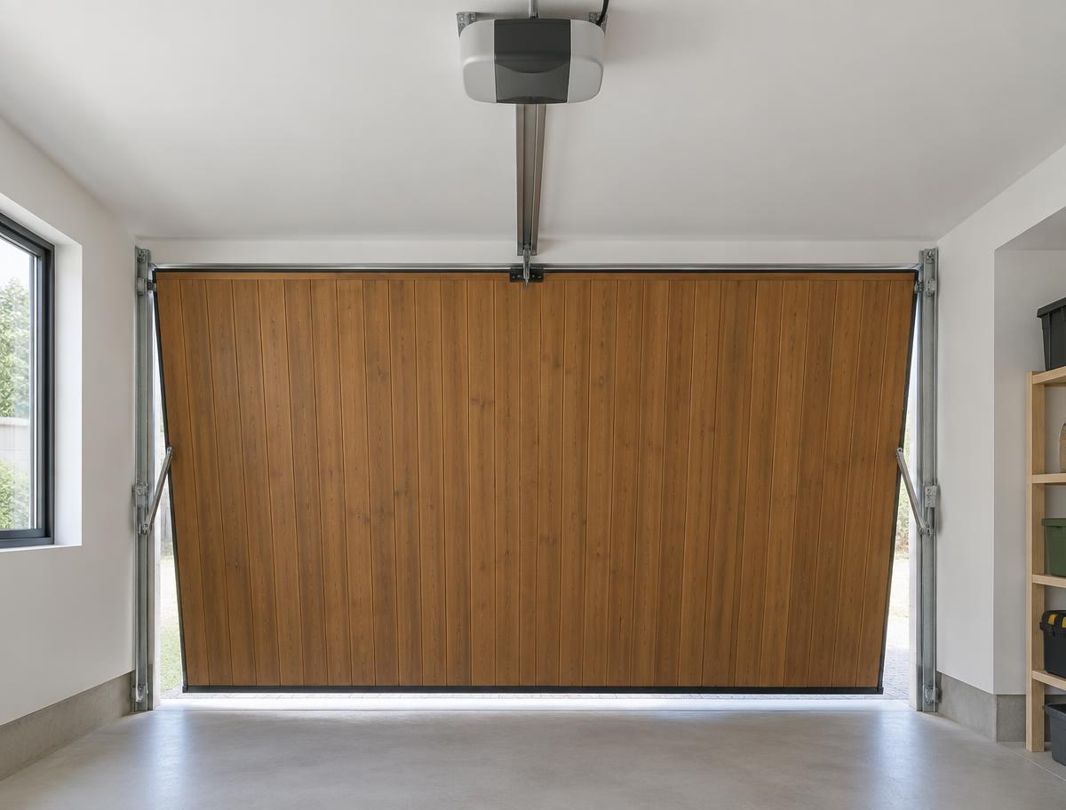 Automatic opener fitted above a timber-look tilt garage door