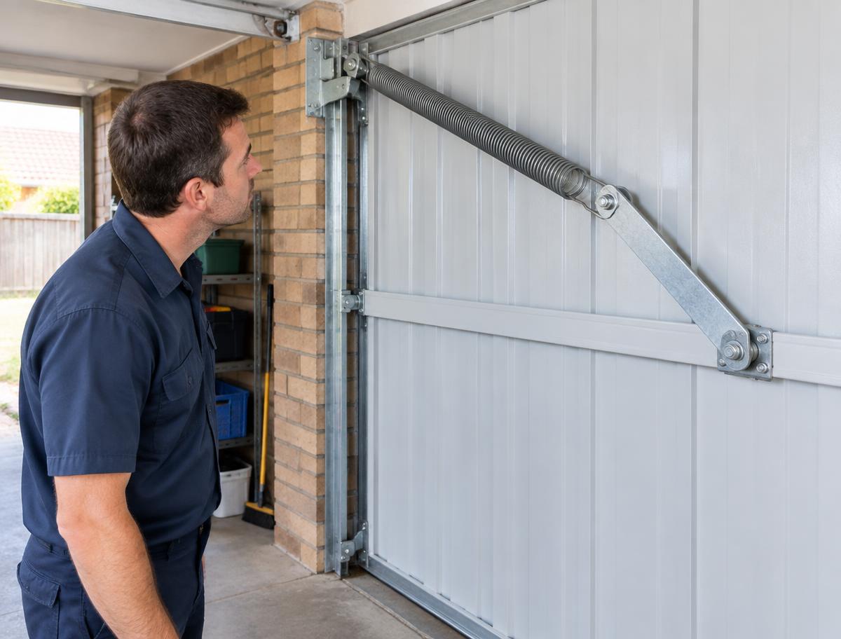 Technician inspecting the side spring hardware of a tilt garage door